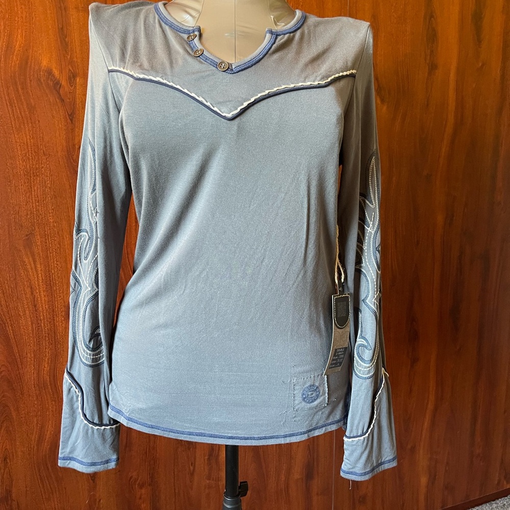 NWT Double D Ranch Blue Western Fitted Long Sleeve Blouse